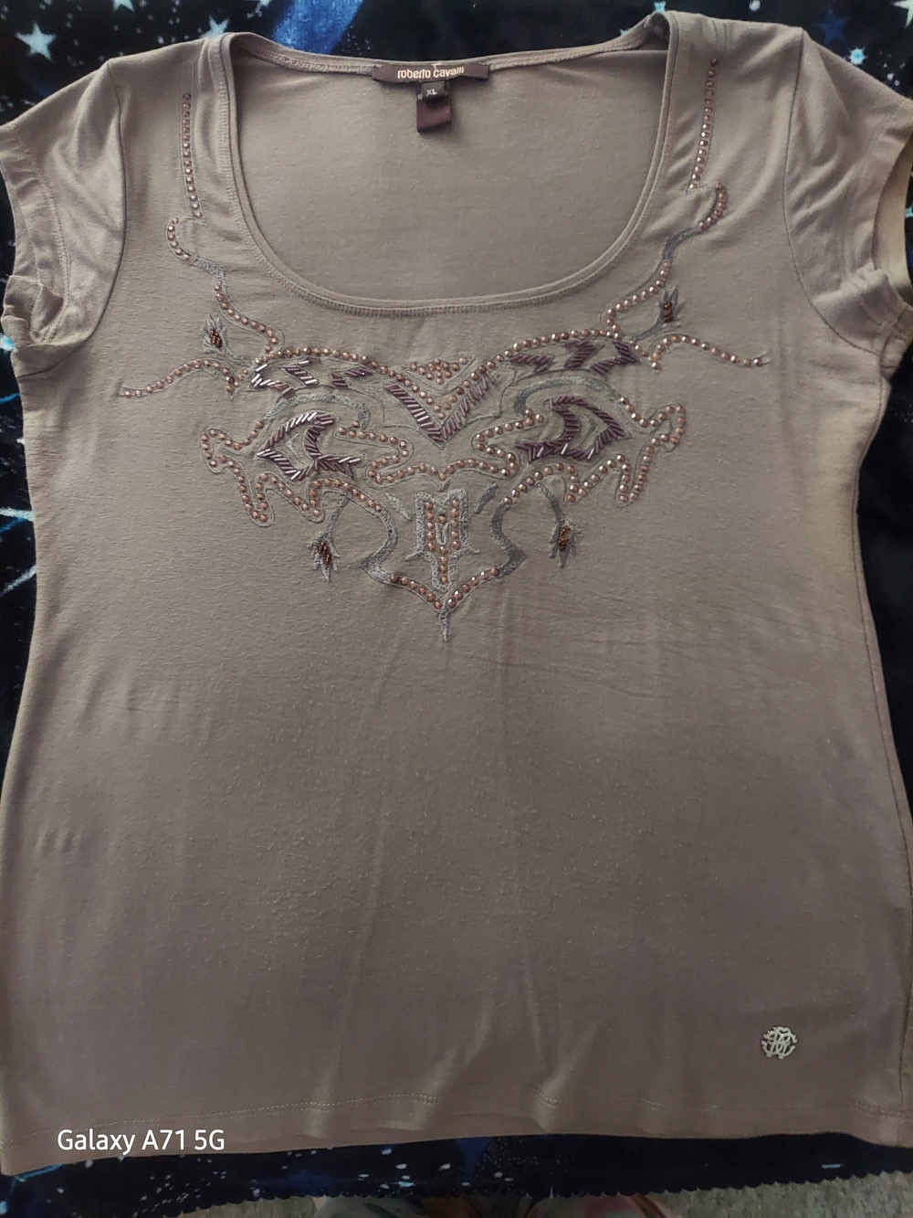 Class Roberto Cavalli Taupe Embellished Short Sleeve Tee